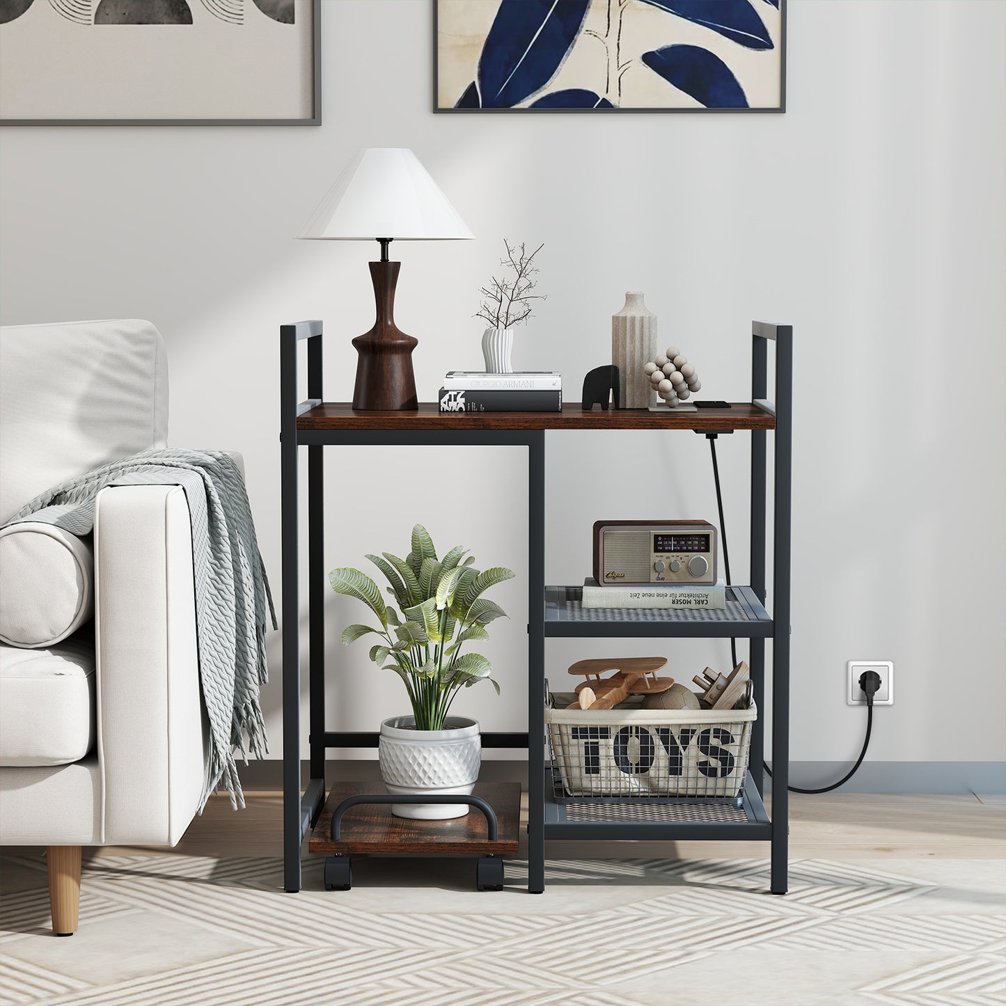 Printer Stand with Charging Station and Storage Shelves-Black