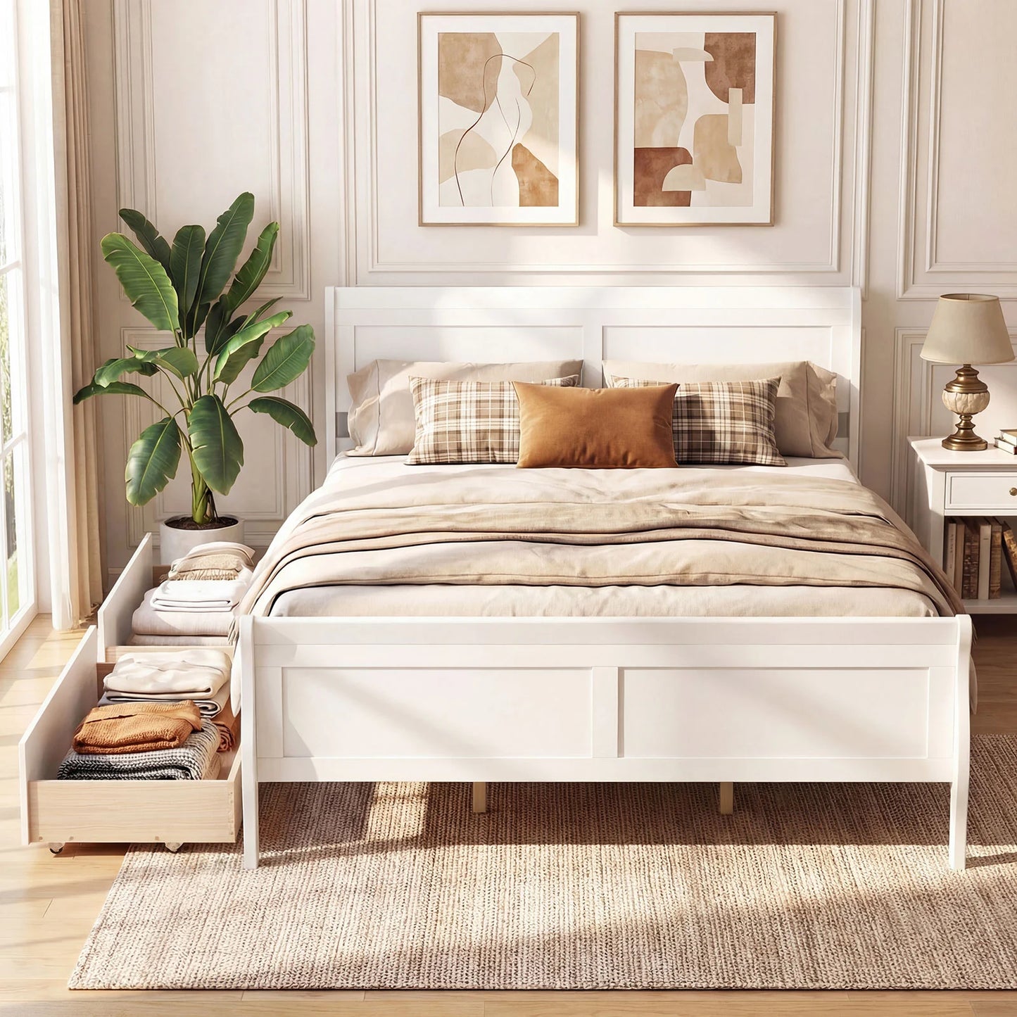 Queen Size Bed Frame with 2 Storage Drawers and Footboard-Gray
