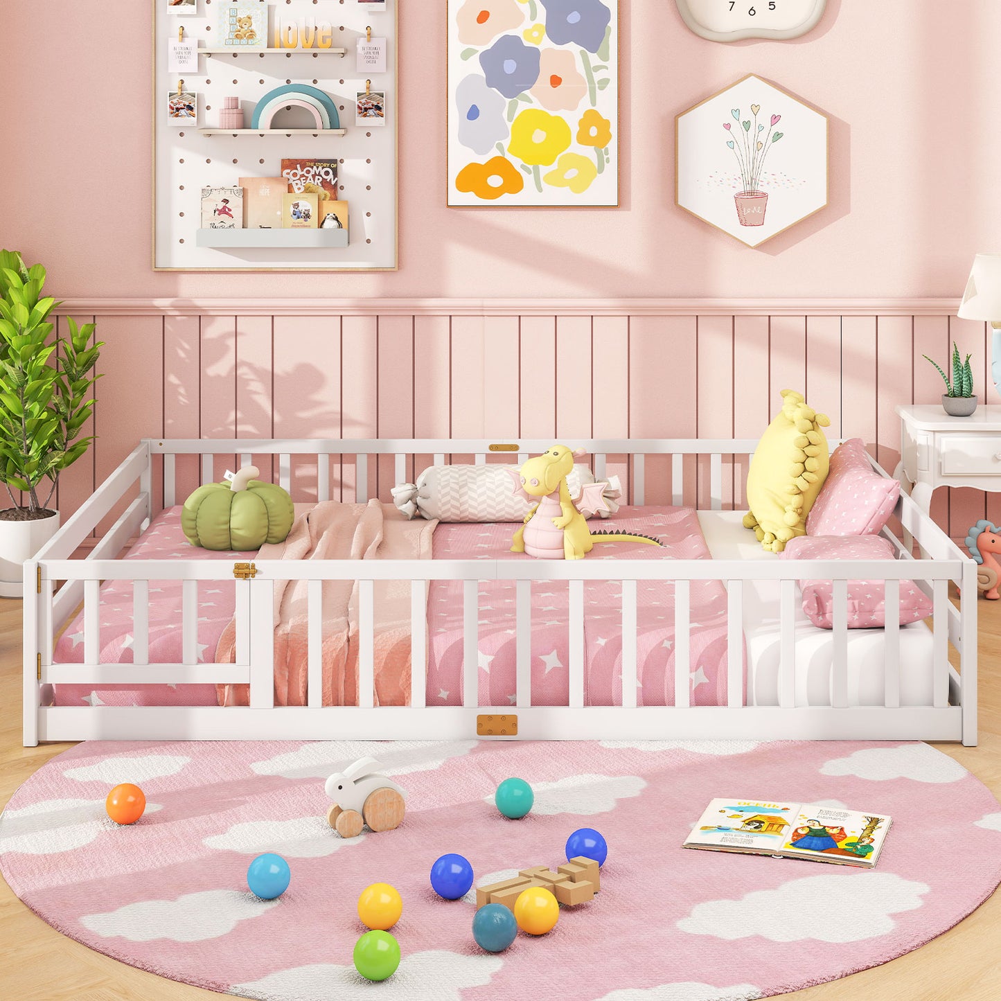 Queen Size Floor Bed Kids Montessori Bed Frame with Full Length Safety Guardrails-Dark Green