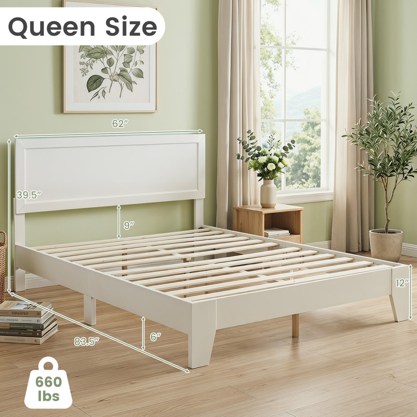 Queen size walnut bed frame with headboard, modern wooden design, sturdy bedroom furniture for a stylish sleep space.