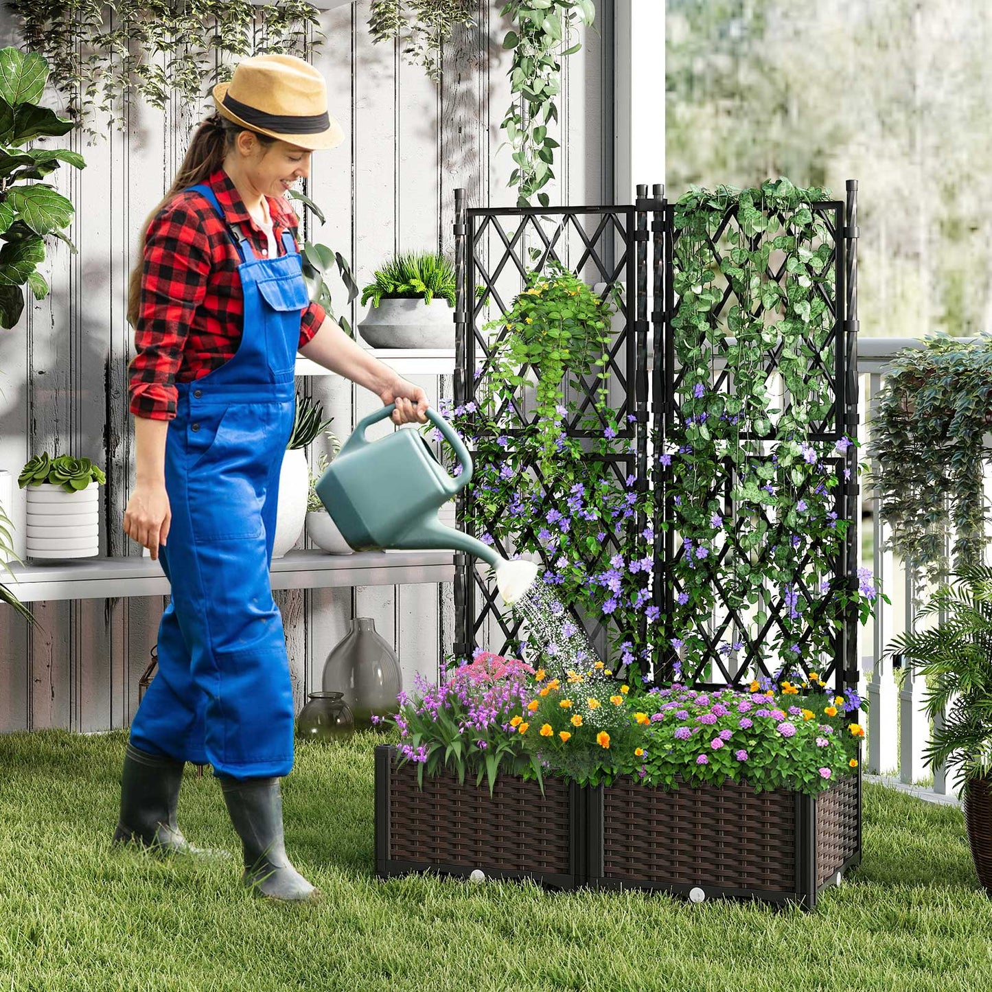 Raised Garden Bed with Lattice Trellis Drainage Self-Watering Elevated Vertical Planter Boxes-Black