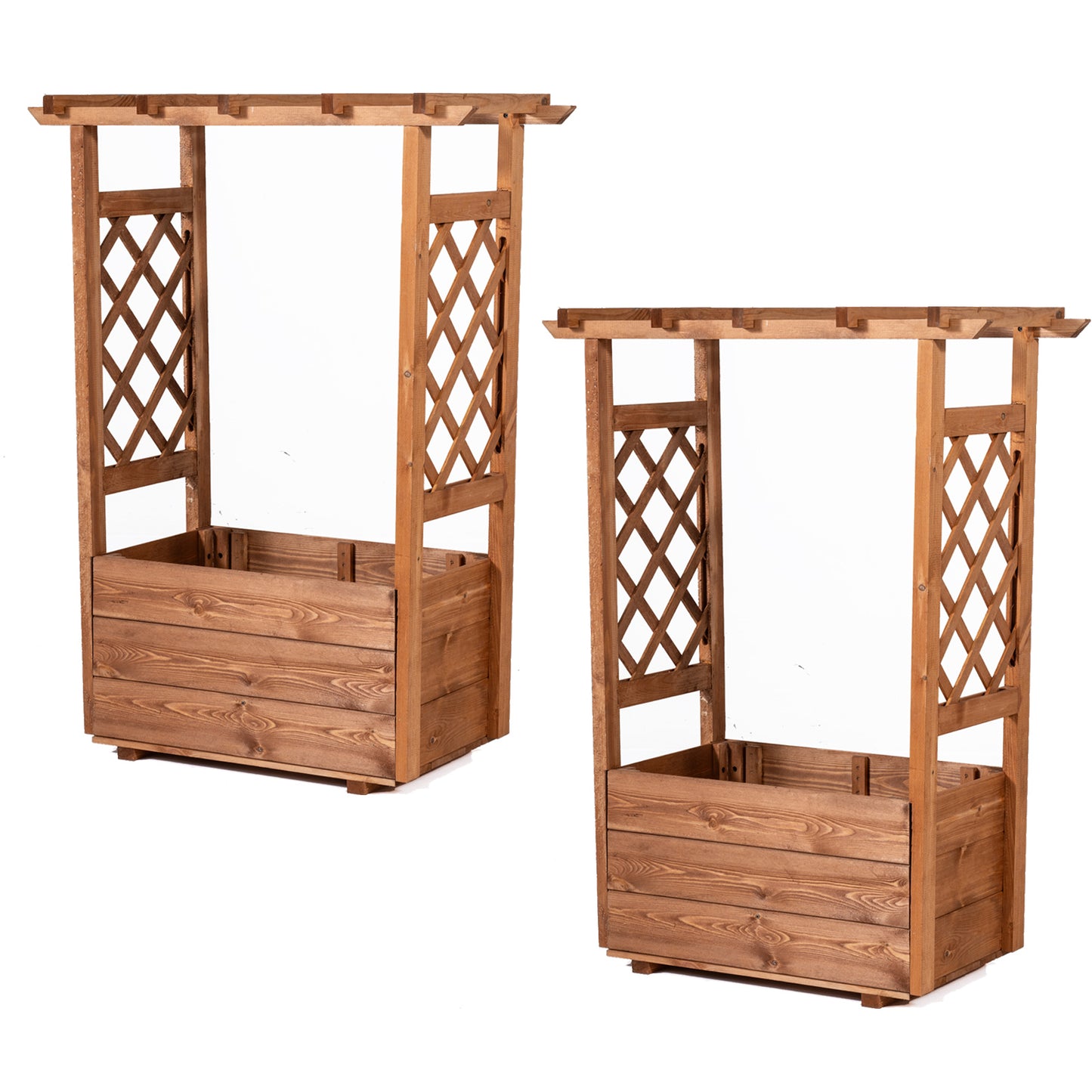 Set of 2 orange raised garden beds with lattice trellises and hanging roofs for outdoor gardening, ideal for vegetable or flower growth.