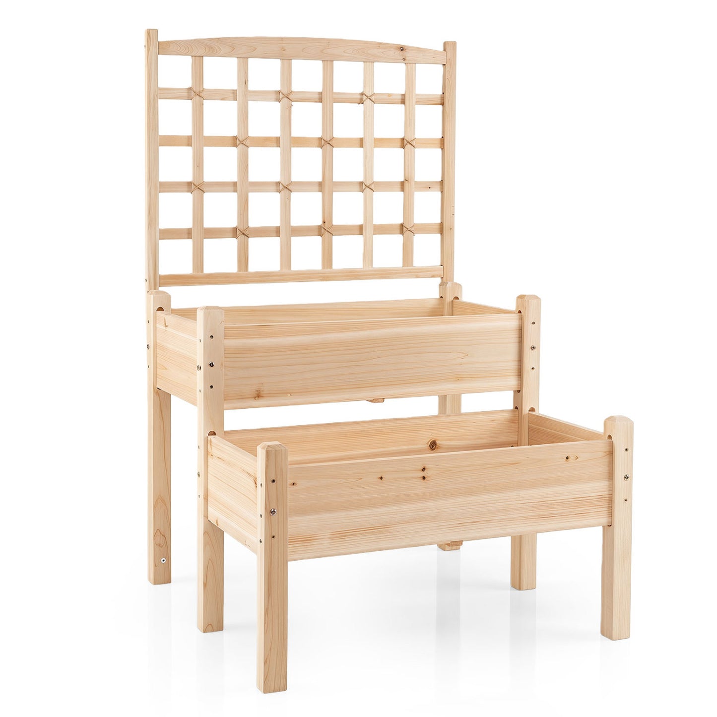 Natural wooden raised garden bed with built-in trellis for climbing plants, ideal for outdoor gardening.