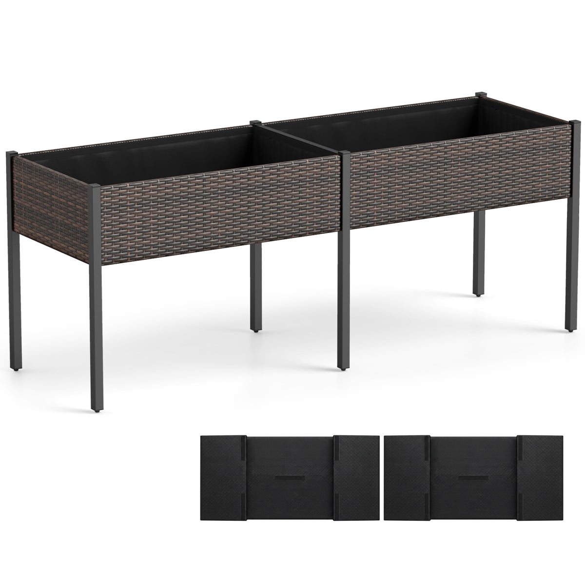 Brown raised garden bed with legs and removable liner for vegetables and herbs, ideal for outdoor patio gardening.