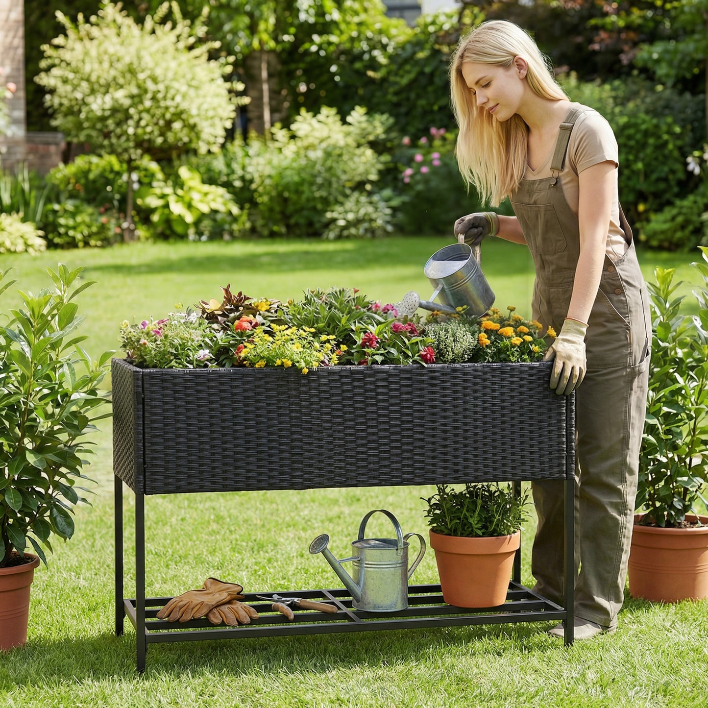 Black wicker raised garden bed with storage shelf and removable liner, outdoor garden furniture by Wilsons Home Store.