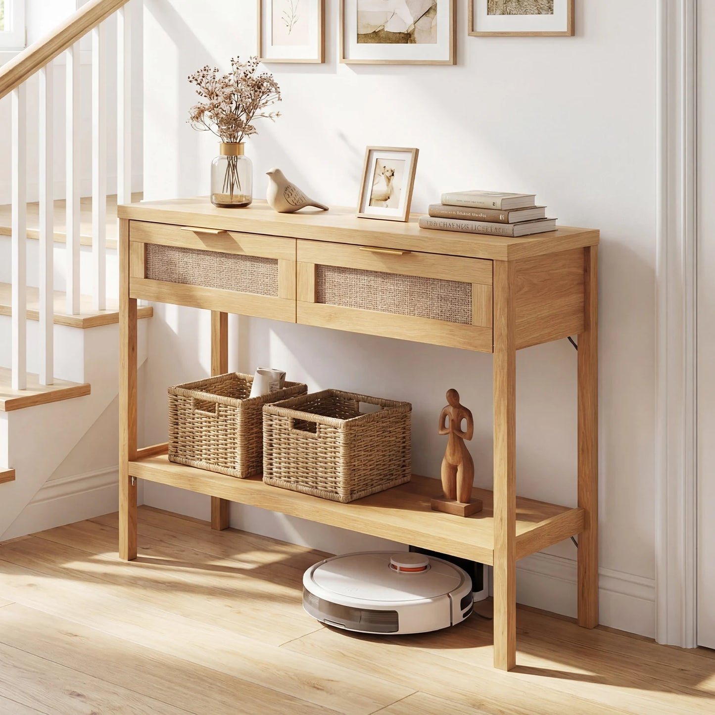 Rattan Console Table with 2 Drawers and Bottom Shelf-Natural