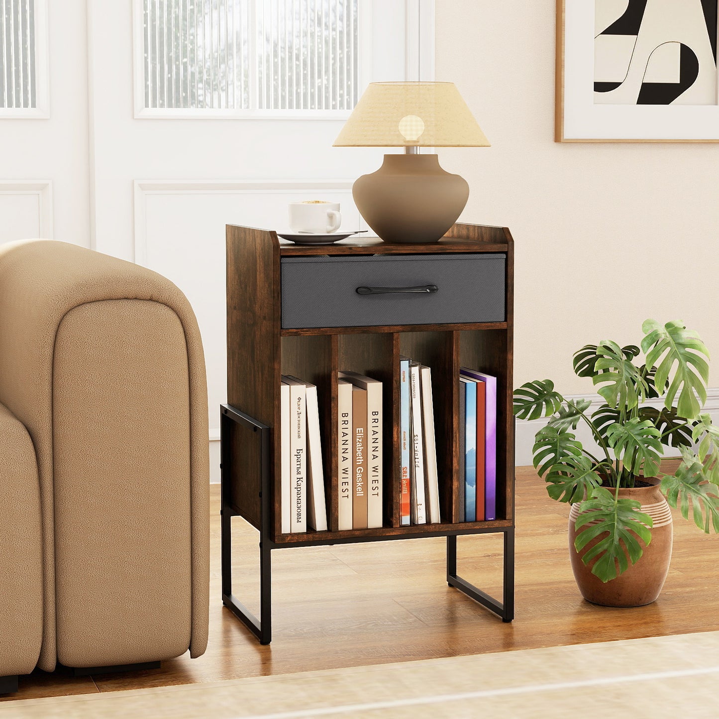 Record Player Stand with Drawer and Record Holder-Black