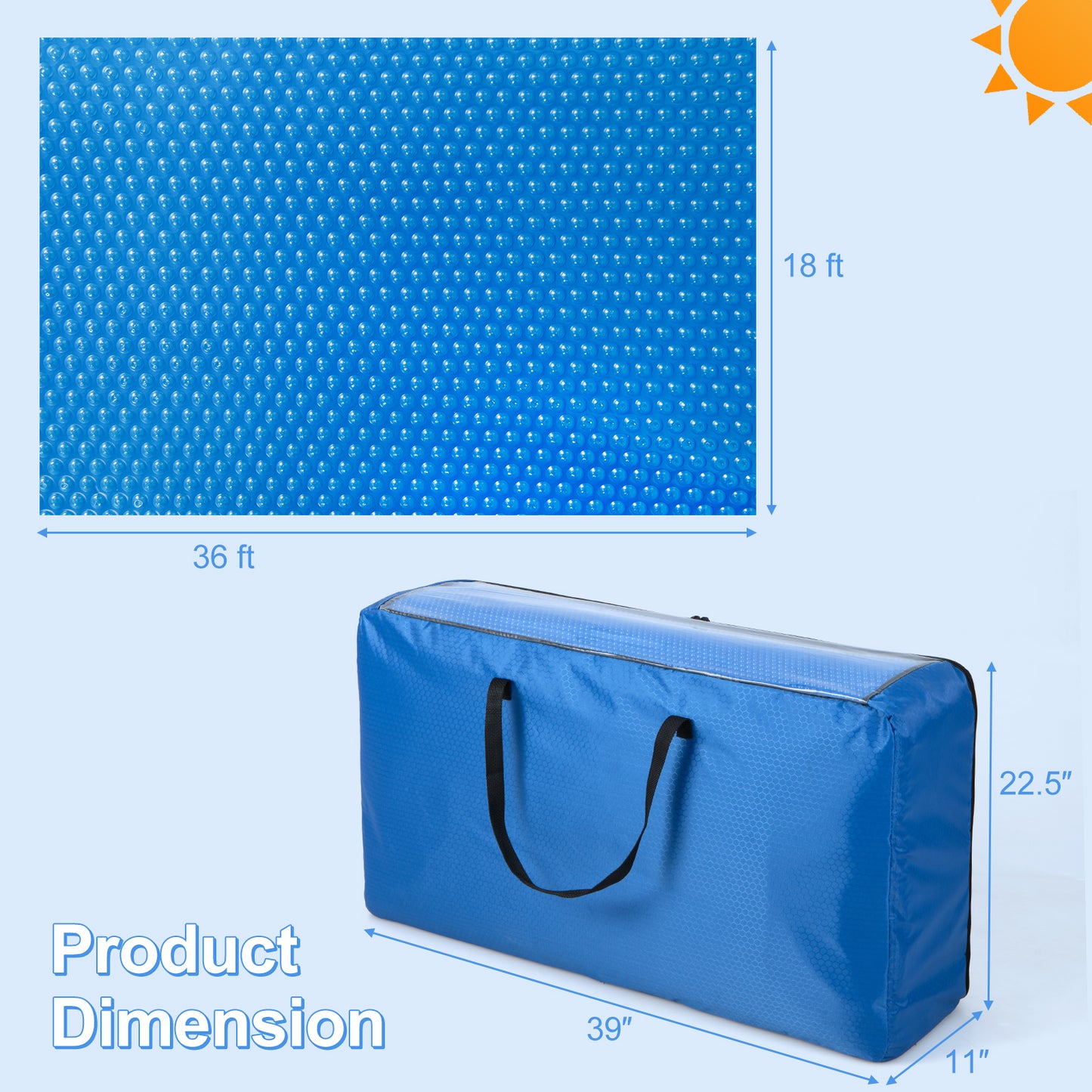 Rectangle Swimming Pool Cover 12-MIL Heat Retaining Pool Solar Blanket with Carrying Bag-36FT x 18FT