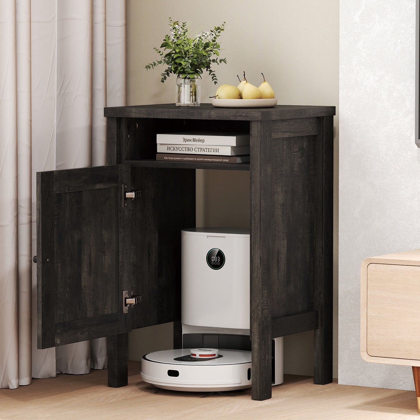 Robot Vacuum Storage Cabinet with Door and Open Shelf for Living Room Bedroom-Brown