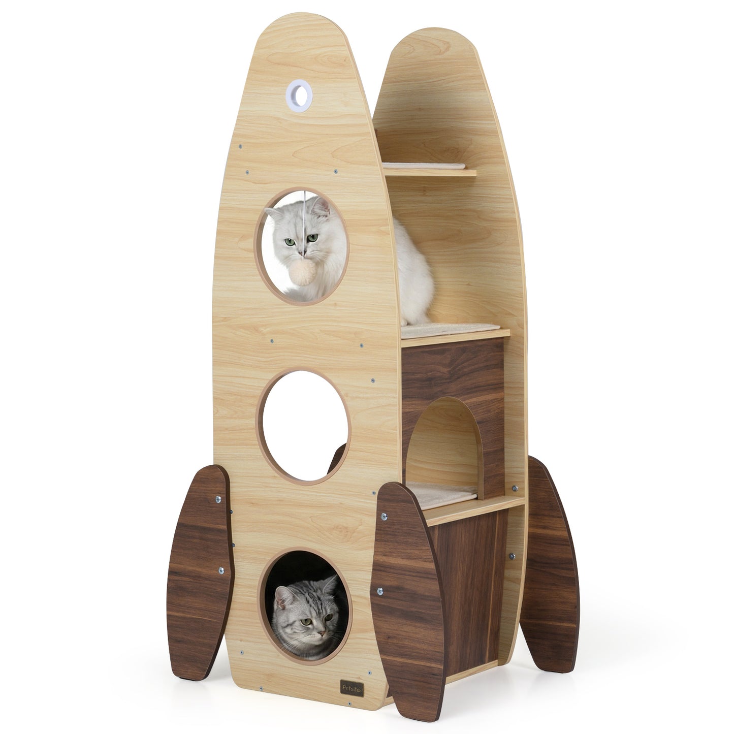 Rocket Cat Tree 47 Inch Large Wooden Cat Tower for Indoor Cats-Natural