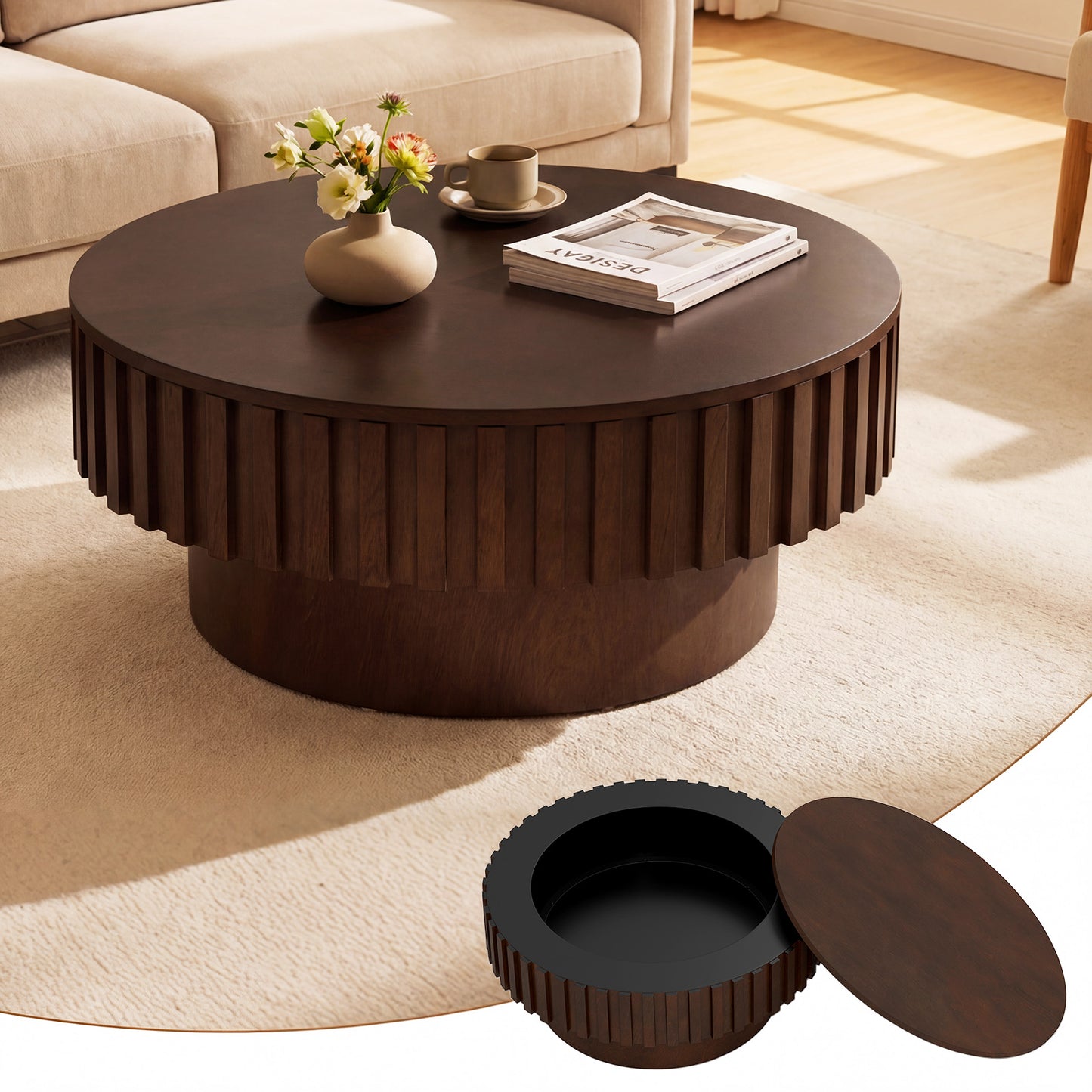Round Coffee Table with Storage Modern Wooden Drum Coffee Table with Hidden Compartment-Natural