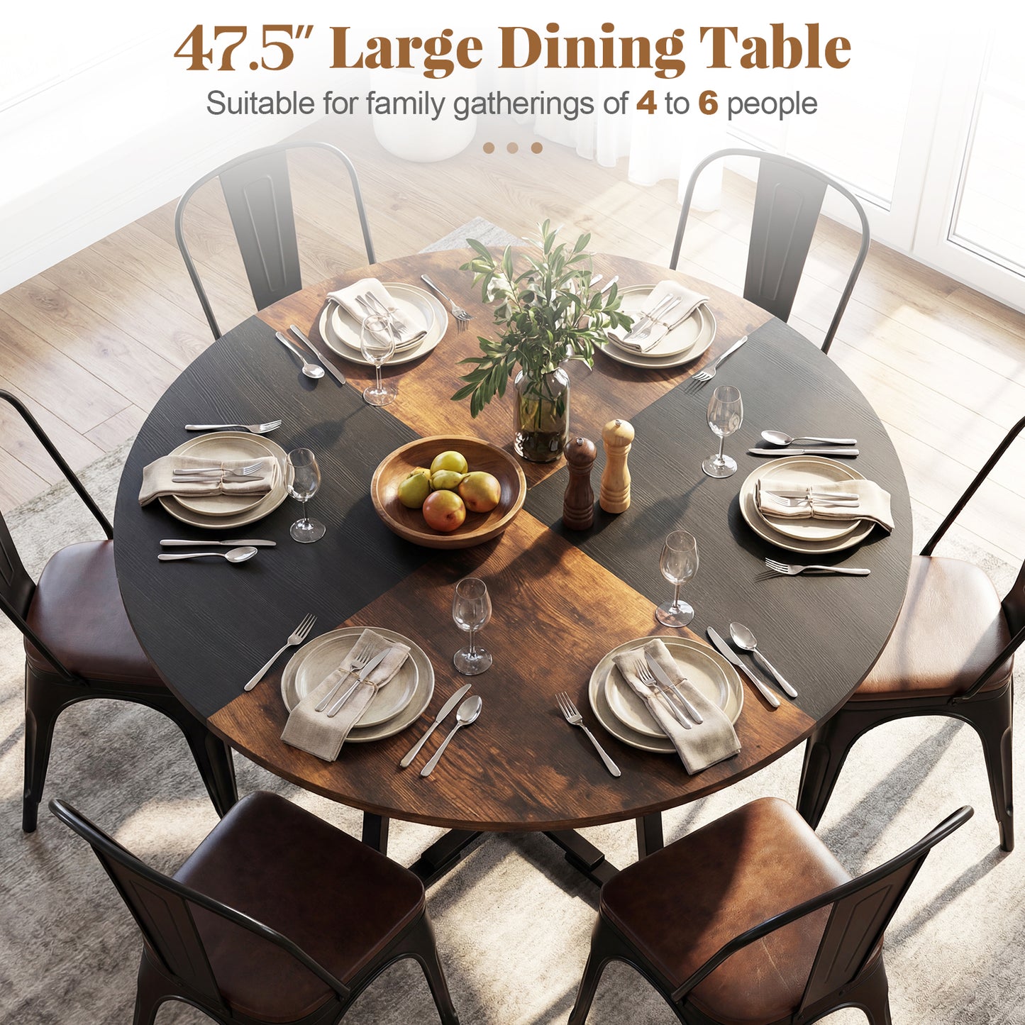 Round Dining Table for 4-6 with Storage Shelf and Metal Legs-Black