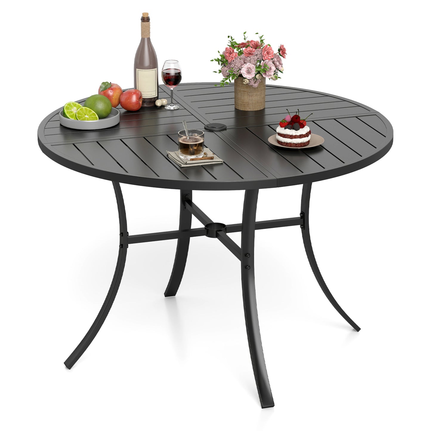 Black round patio dining table with metal slats and umbrella hole, 42.5 inches, ideal for outdoor patio dining.