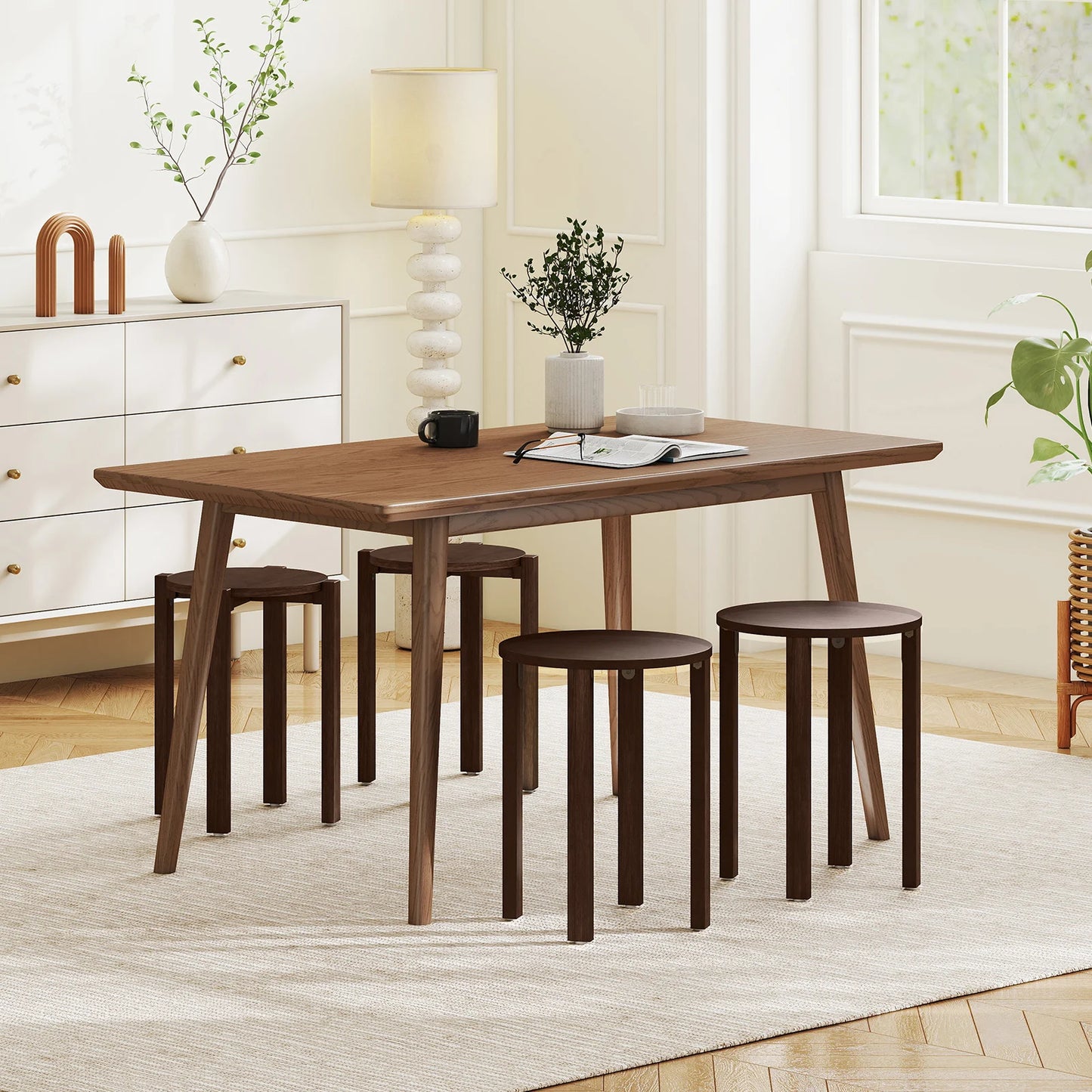 Round Portable Wood Nesting Stools with Locking Casters-Walnut