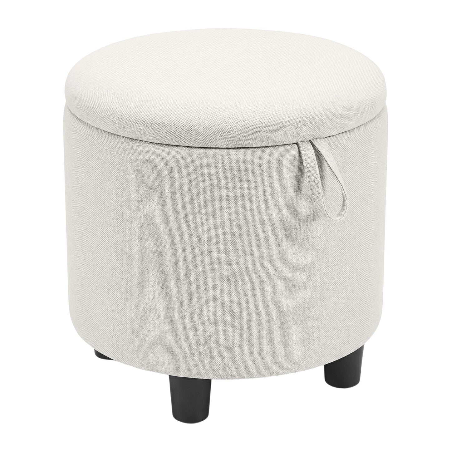 Beige round linen fabric storage ottoman with upholstered top, versatile footrest and hidden storage space.