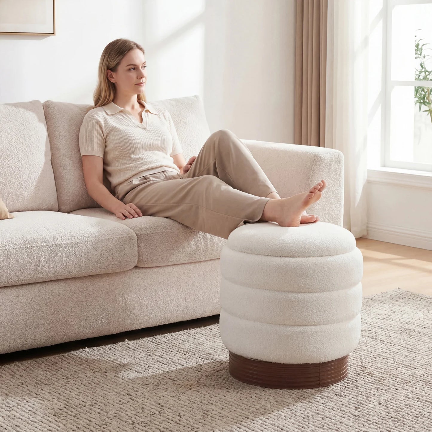 Round Storage Ottoman with Acacia Wood Frame for Living Room-Gray