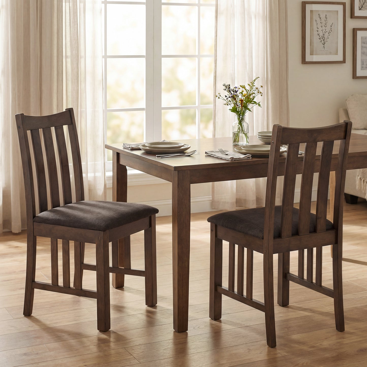Rubber Wood Dining Chairs Side Chairs Set of 2 with Slat Back-Brown