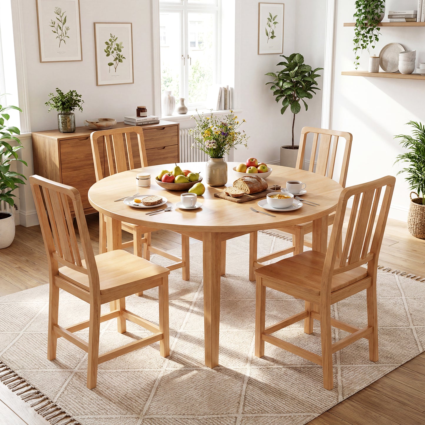 Rubber Wood Dining Chairs Set of 4 with Hollowed Backrest-Natural