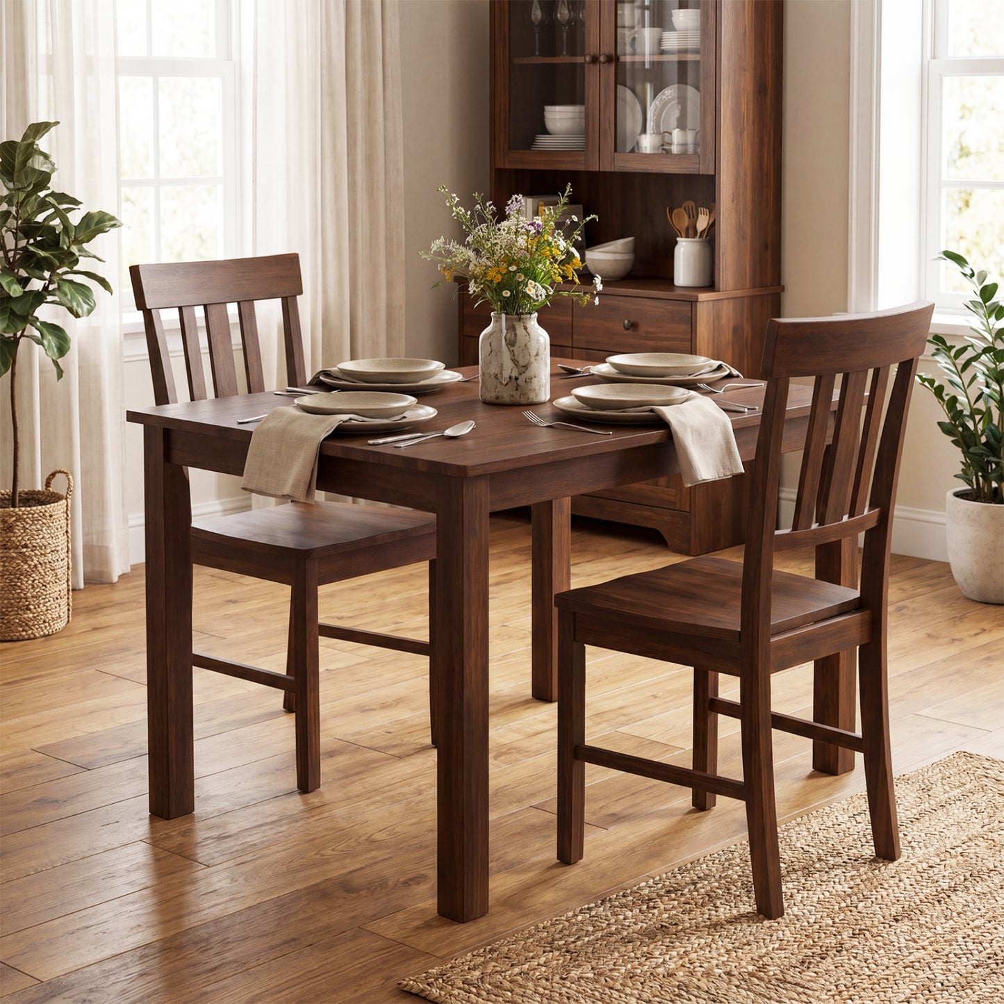 Rubber Wood Dining Chairs Set of 4 with High Slat Backrests-Brown