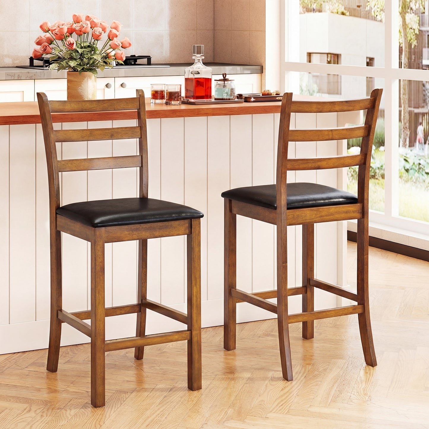 Rubber Wood Ladder Back Bar Stools Set of 2 24inch Counter Height Kitchen Island High Chairs-Walnut