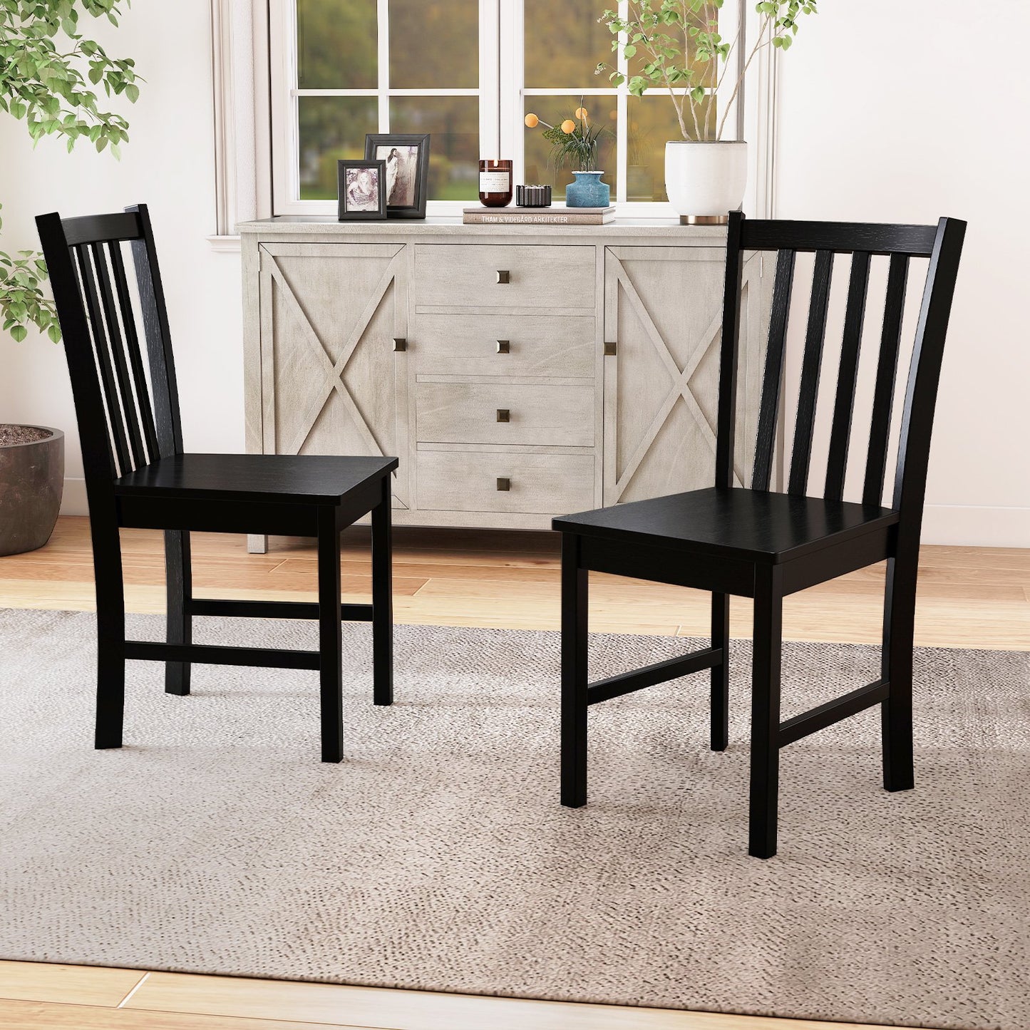 Rustic Dining Chairs Set of 2 Wooden Kitchen Chairs with Slat Tilt Backrest-black