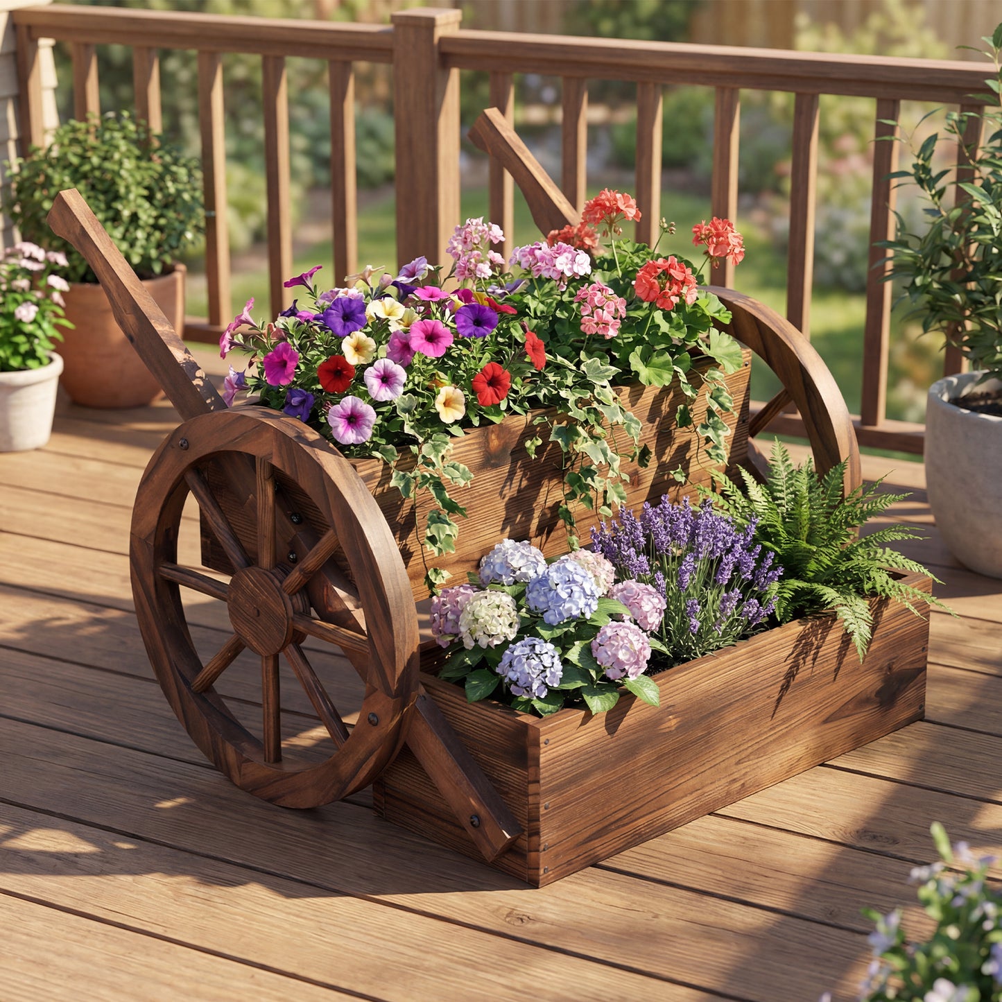 Rustic Wood Wagon Planter 2-Tier Versatile Raised Garden Bed with Wheels-Brown