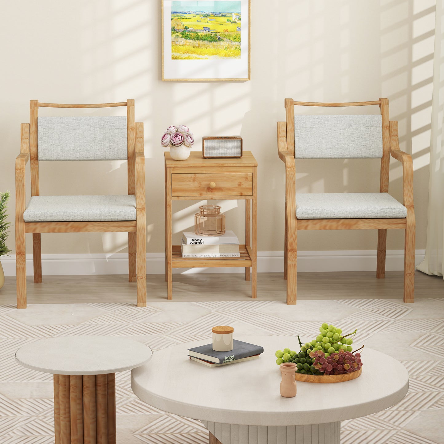 Set of 1/2 Bamboo Nightstand Bedside Table with Storage Drawer and Open Shelf-1 piece