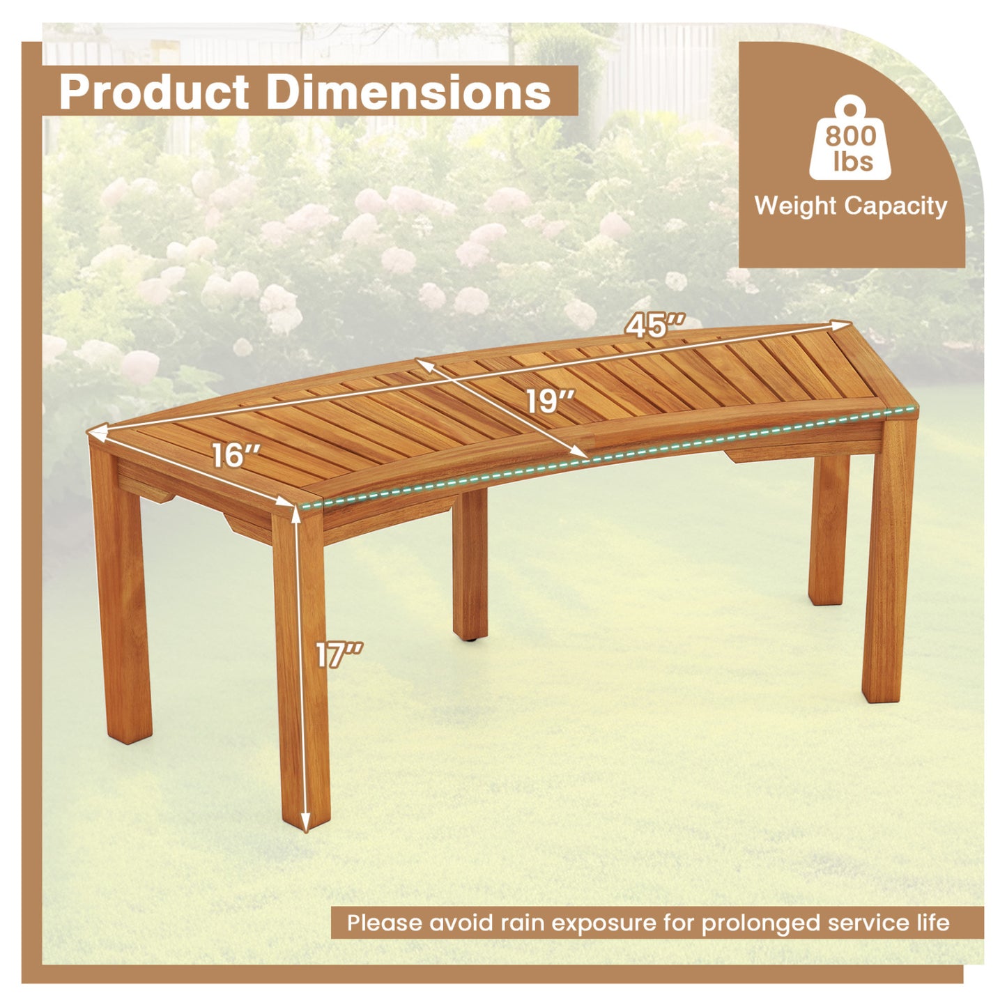 Set of 1 Outdoor Bench Acacia Wood Curved Garden Bench 2-Person