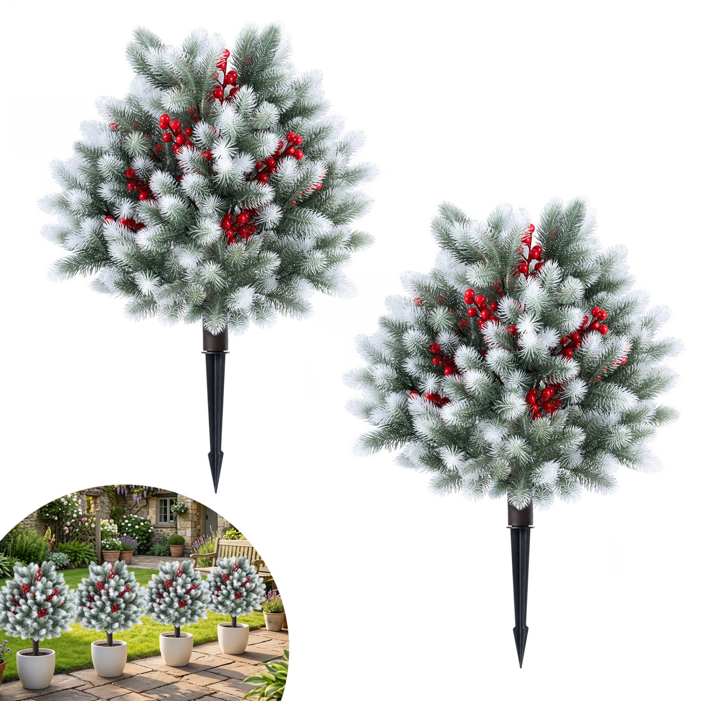 Set of 2 artificial cedar topiary plants with ground spikes for porch or patio winter decor, by Wilsons Home Store.