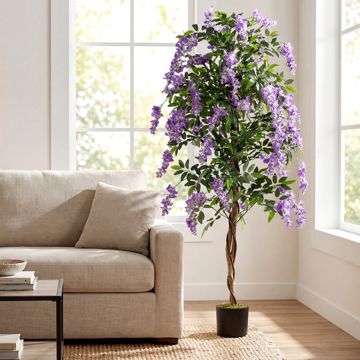 Fake Ficus Plant 6 FT Artificial Wisteria Tree with Natural Trunks and Purple Lifelike Flowers