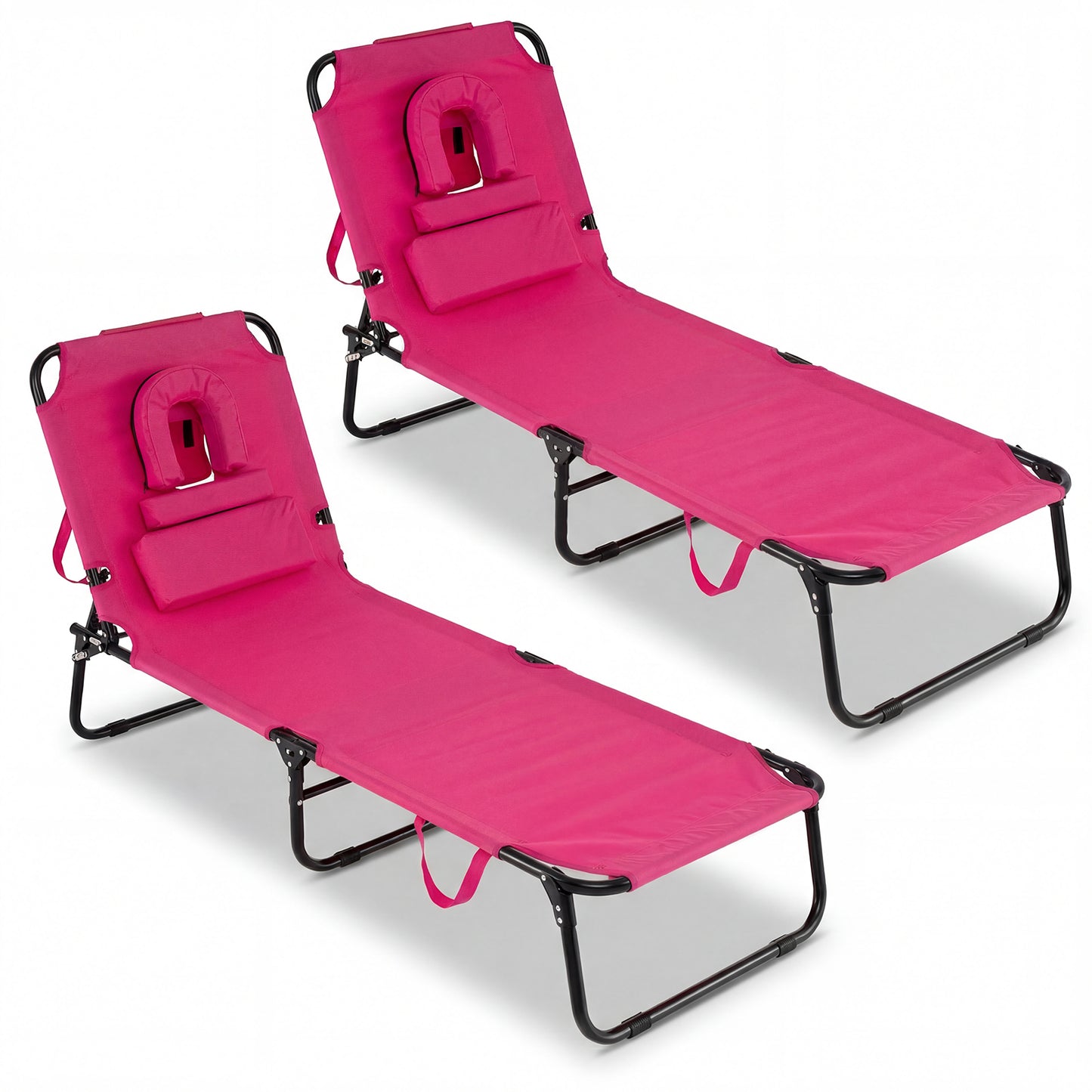 Set of 2 Folding Face Down Tanning Chair with Face Hole 3 Removable Pillows-Beige