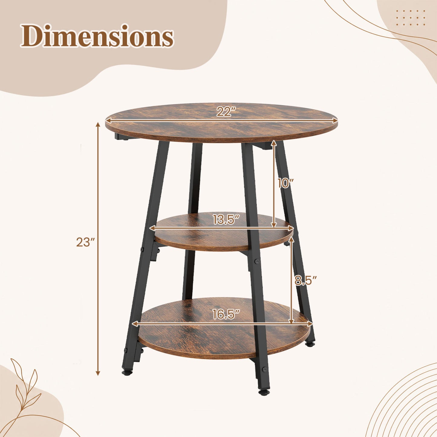 Set of 2 Industrial Side Tables with 3-Tier Shelves & Metal Frame for Small Space-Rustic Brown