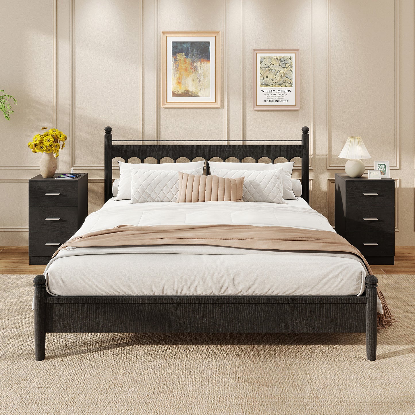 Set of 2 Nightstand with Charging Station End Table with 3 Storage Drawers Bedside Table for Bedroom-Black