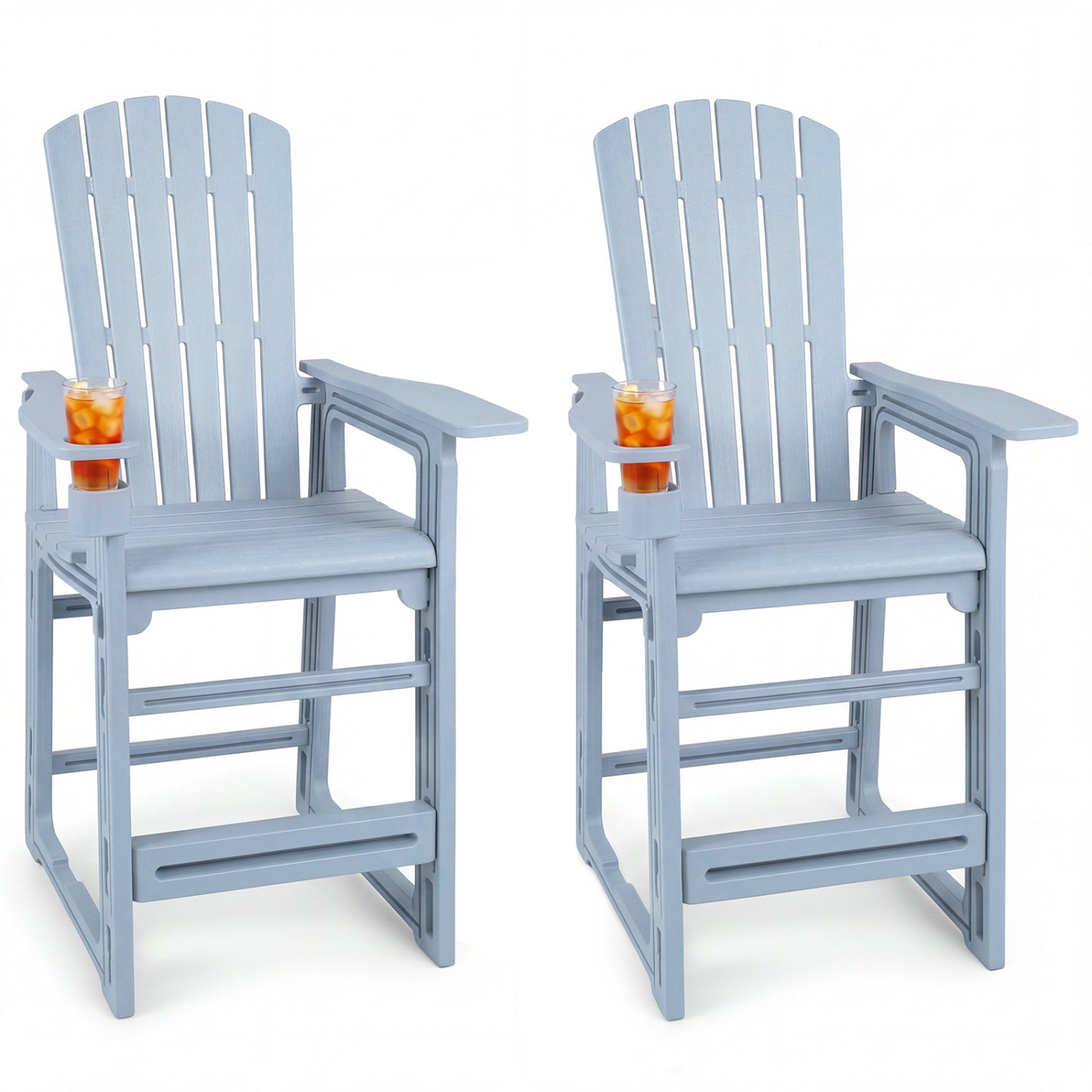 Set of 2 black outdoor 29-inch height bar stools with backrests and armrests for patio seating.