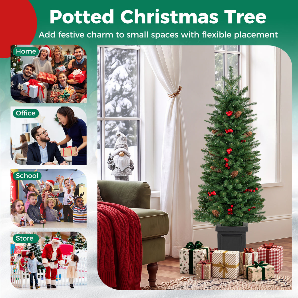 Set of 2 Pre-Lit Potted Artificial Christmas Tree with 100/150/200 Warm White LED Lights-4FT