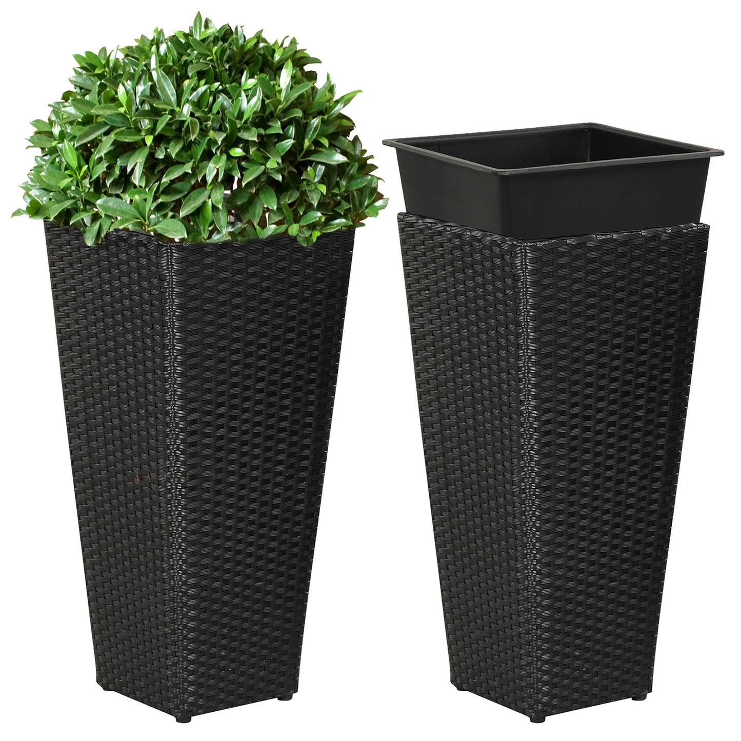 Set of 2 Rattan Tall Plant Pots with Detachable Plastic Liners-Black