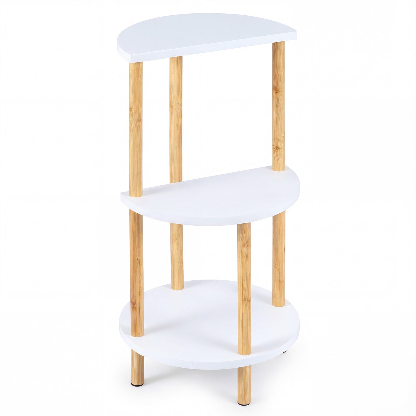 Set of 2 Round Side Table Compact with 3-Tier Shelves and Bamboo Construction-White