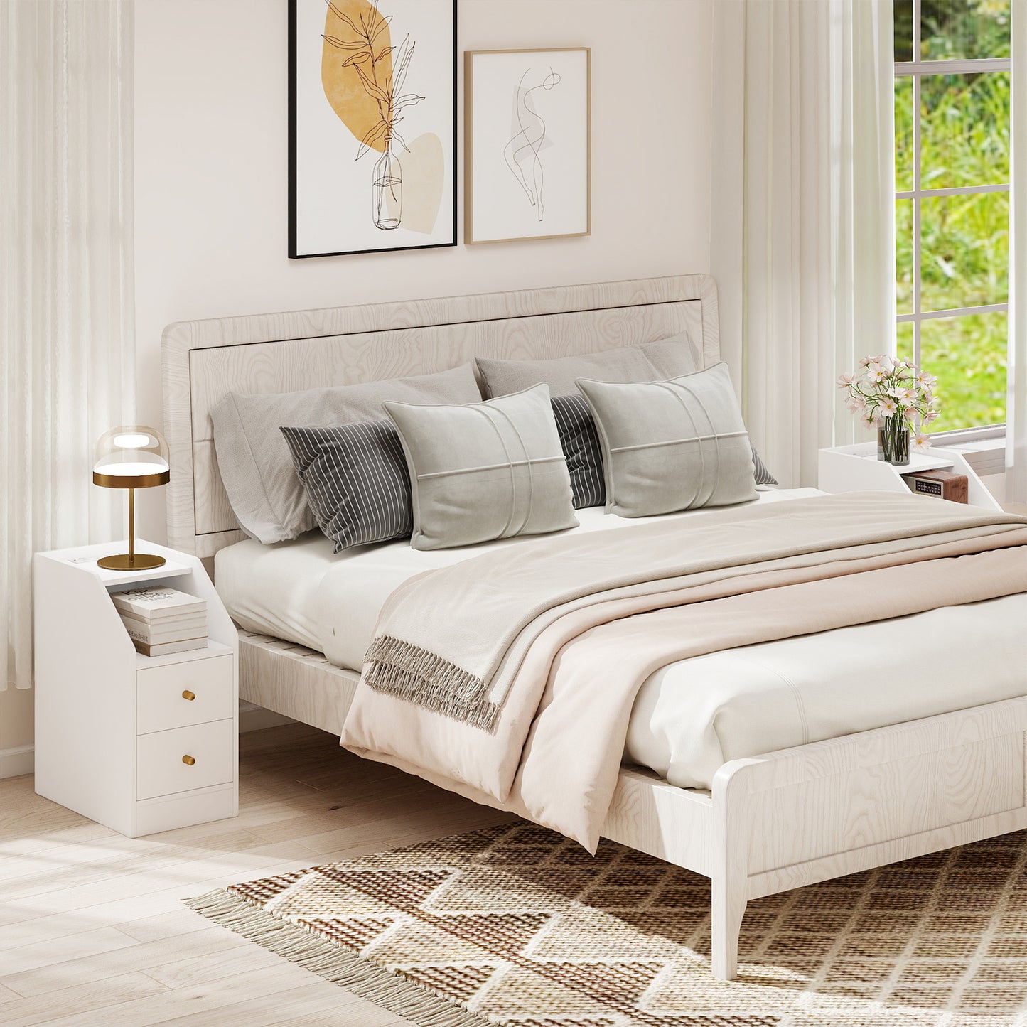 Set of 2 Side End Tables with Charging Station Sofa Couch Tables with Shelf Drawers-Black