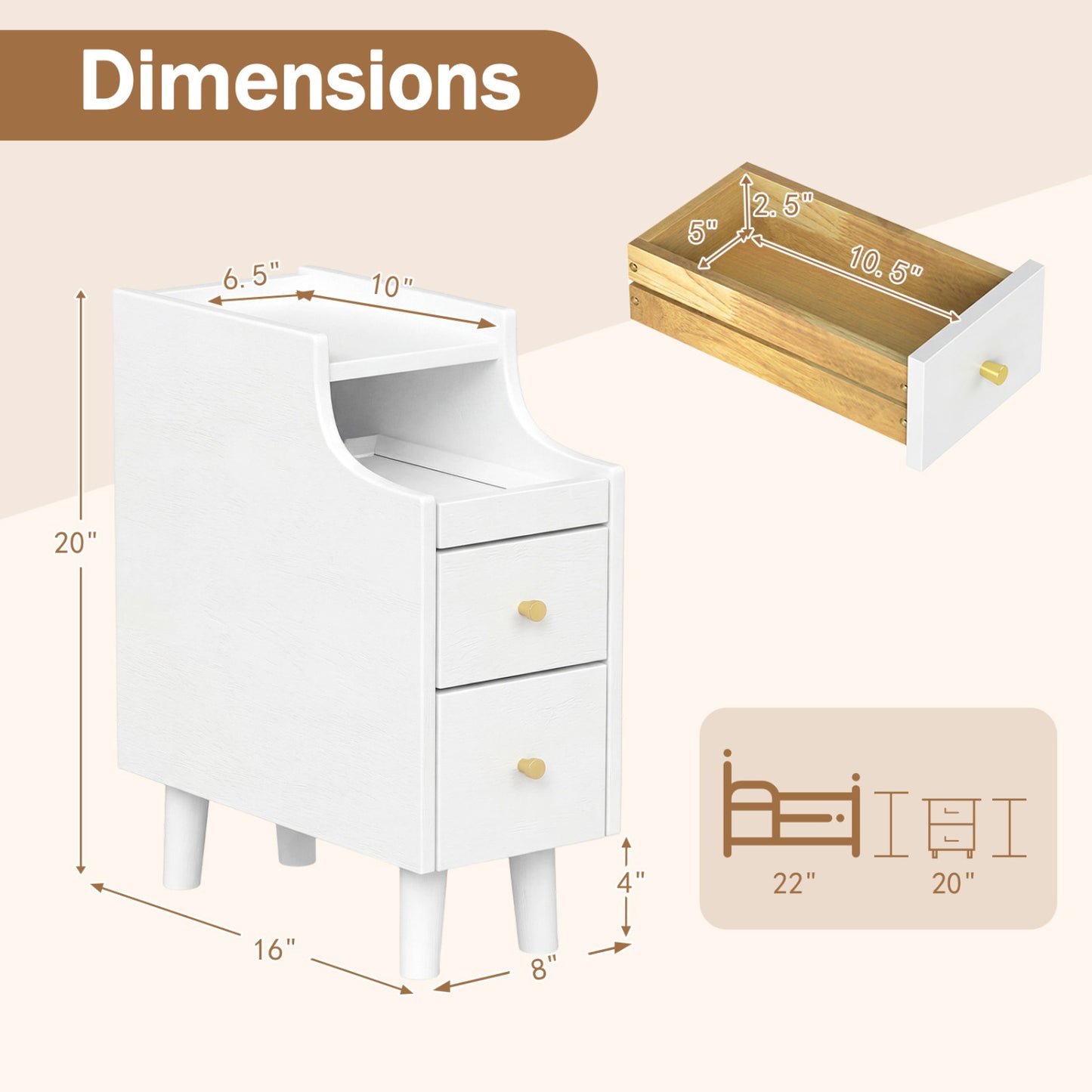 Set of 2 Solid Wood Night Side Table with Pull-out Tray and 2 Storage Drawers-Natural