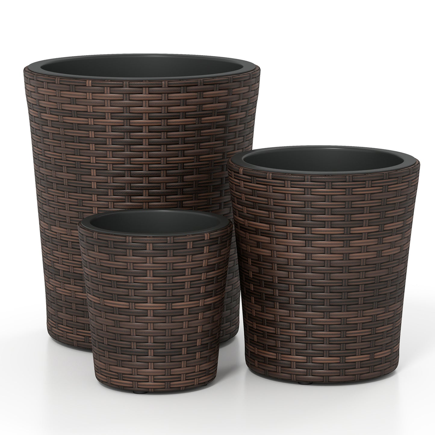 Set of 3 brown plastic planters with drainage holes and saucers for outdoor porch and garden use.