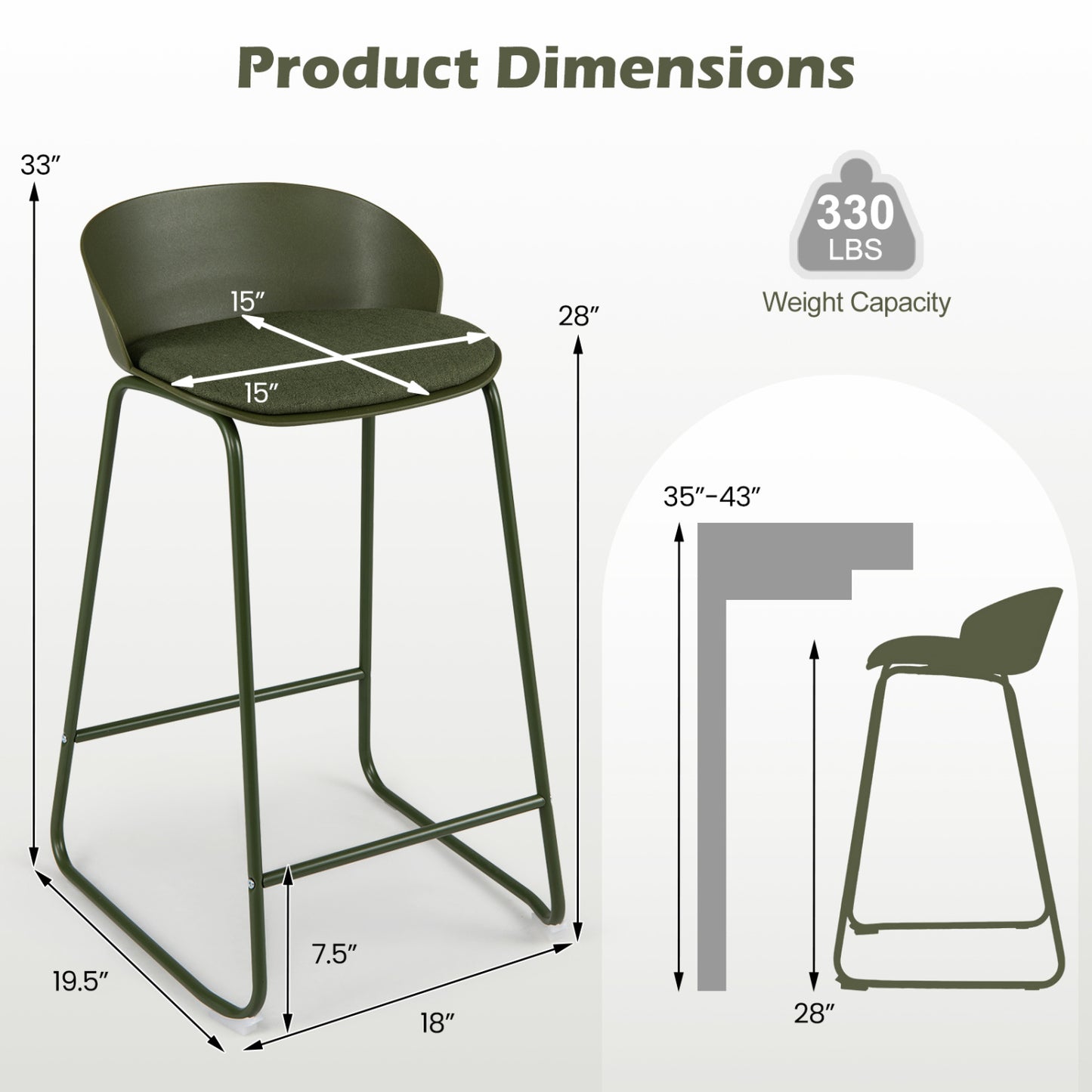 Set of 4 Counter Height Bar Stools with Curved Backrest and Metal Frame for Kitchen Dining-Gray