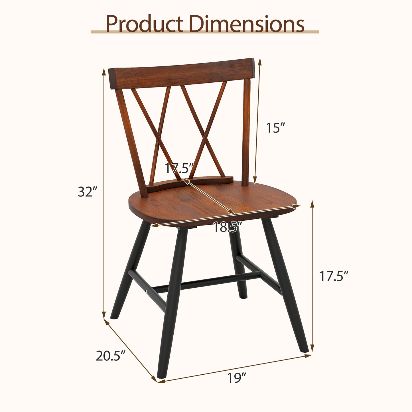 Set of 4 Dining Chairs with Rubber Wood Frame and Curved Cross Back-Dark Brown