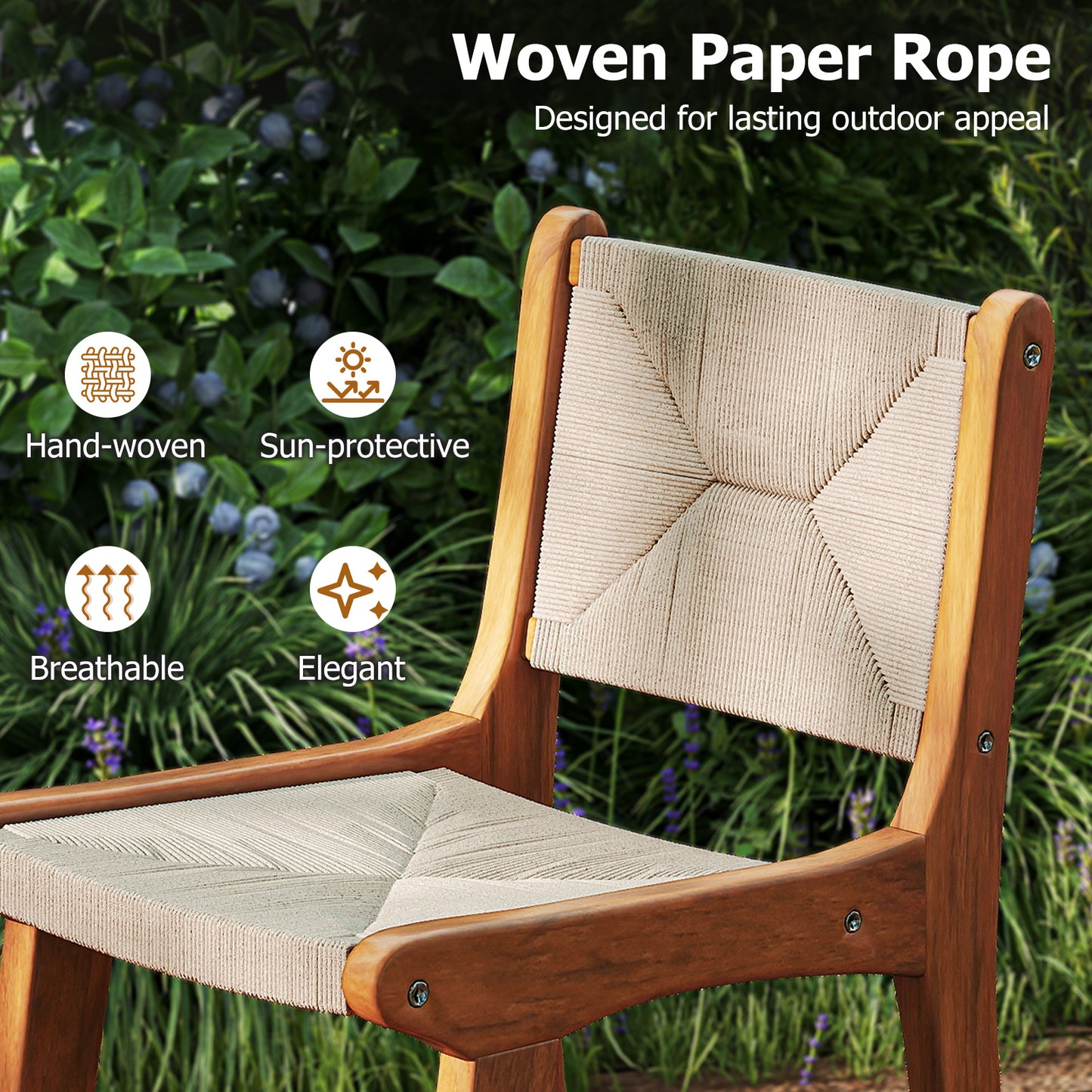 Set of 4 Outdoor Counter Height Bar Stool Woven Paper Rope Patio Barstool with Teak Wood Frame