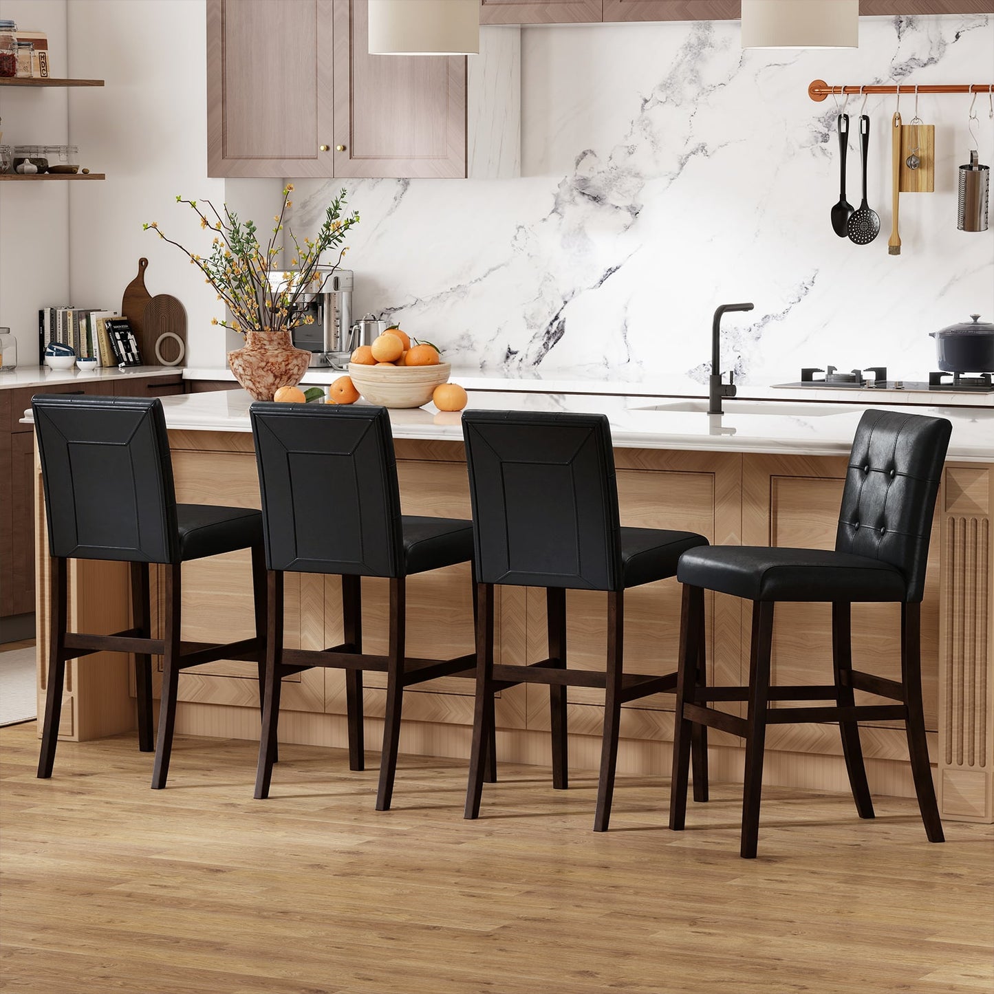 Set of 4 PVC Dining Leather Bar Stools with Solid Wood Legs-29 inch