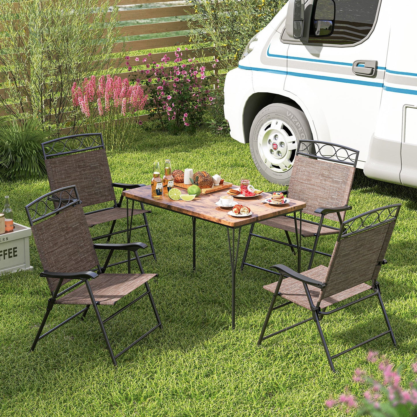 Set of 4 Patio Folding Chairs Set Dining Chairs with Armrests-Beige