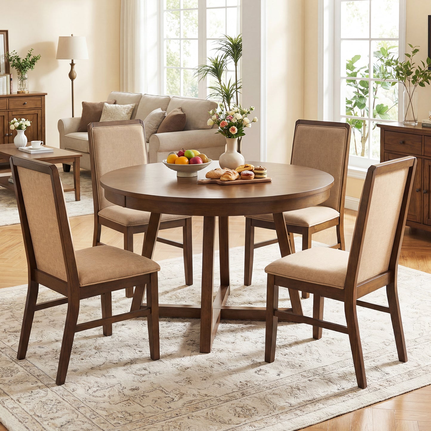 Set of 4 Upholstered Dining Chairs with Solid Rubber Wood Legs-Brown