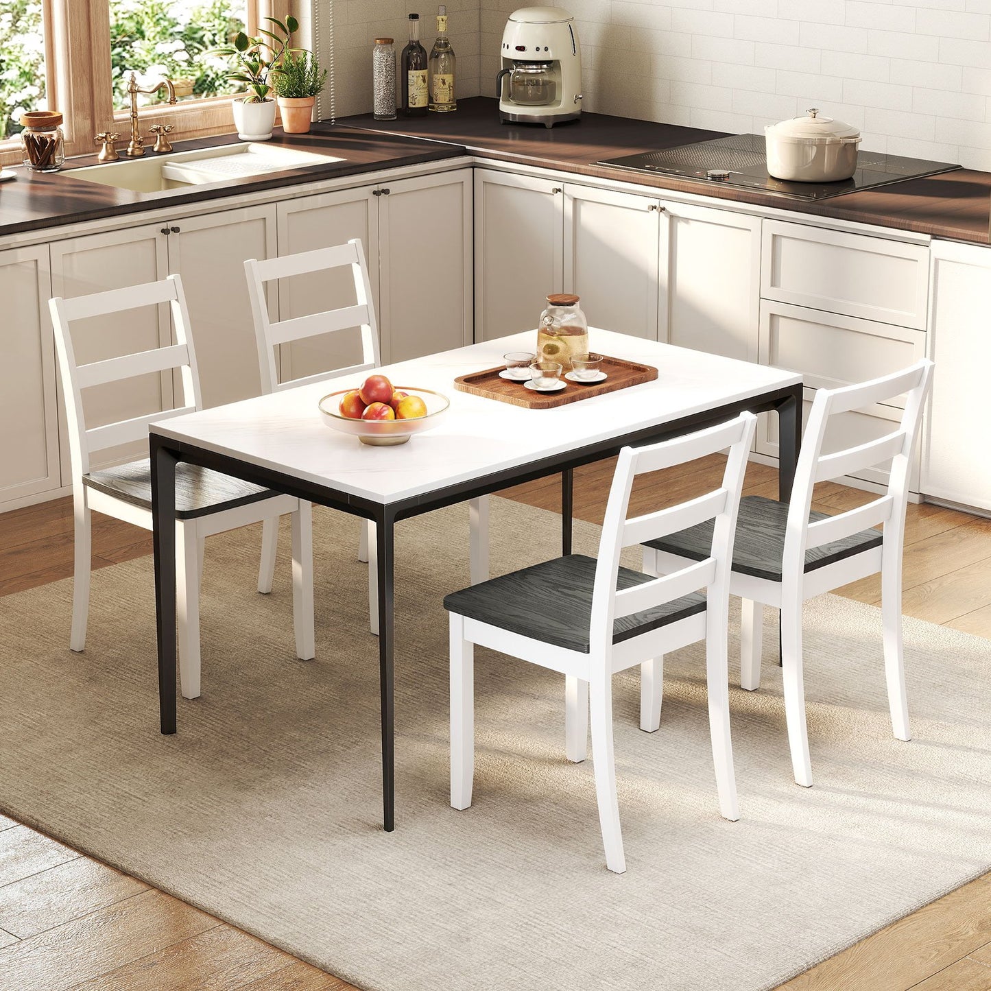 Set of 4 Wood Dining Chairs with Solid Rubber Wood Legs-Gray
