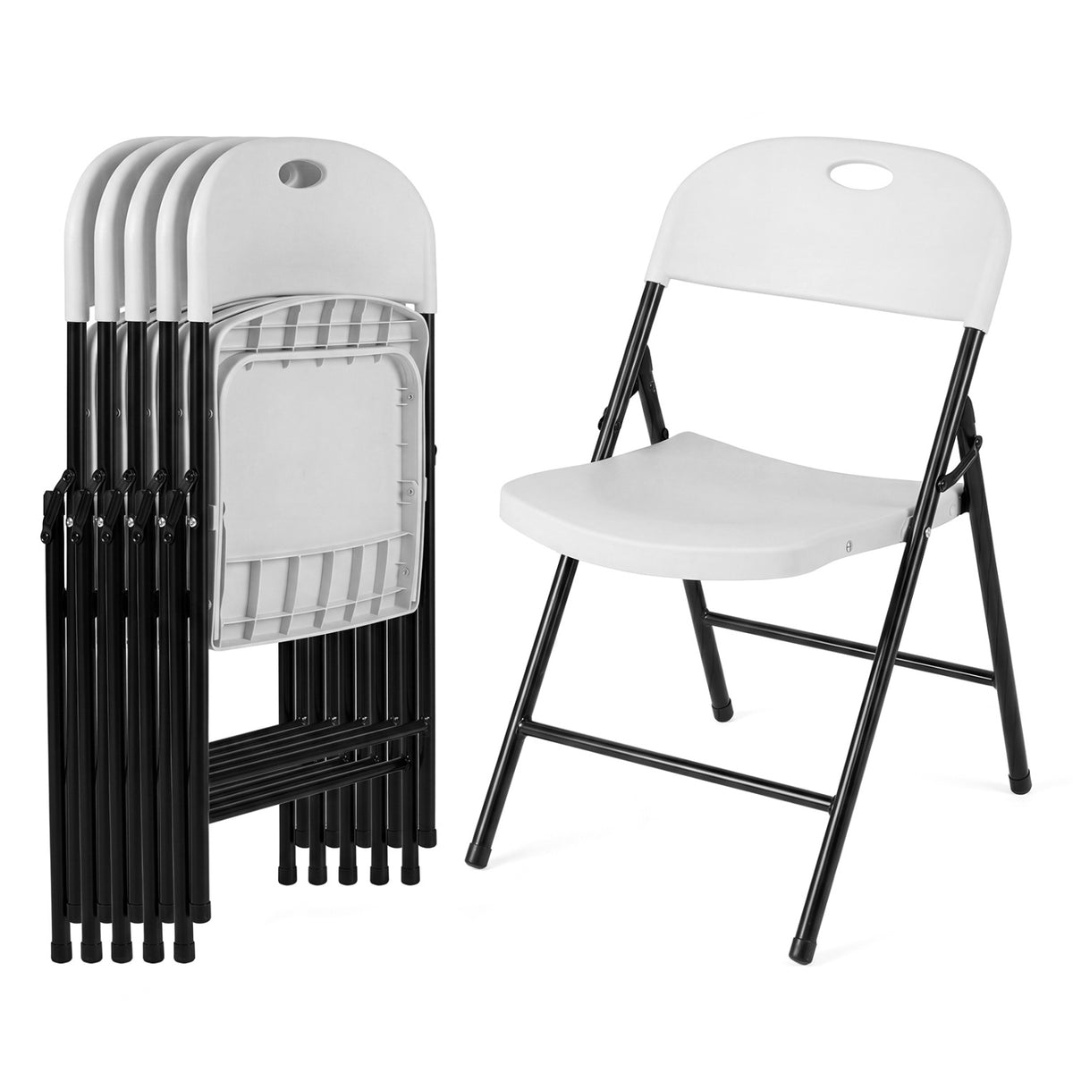 Set of 6 black foldable plastic dining chairs with ergonomic backrests, designed for versatile kitchen and dining room use.