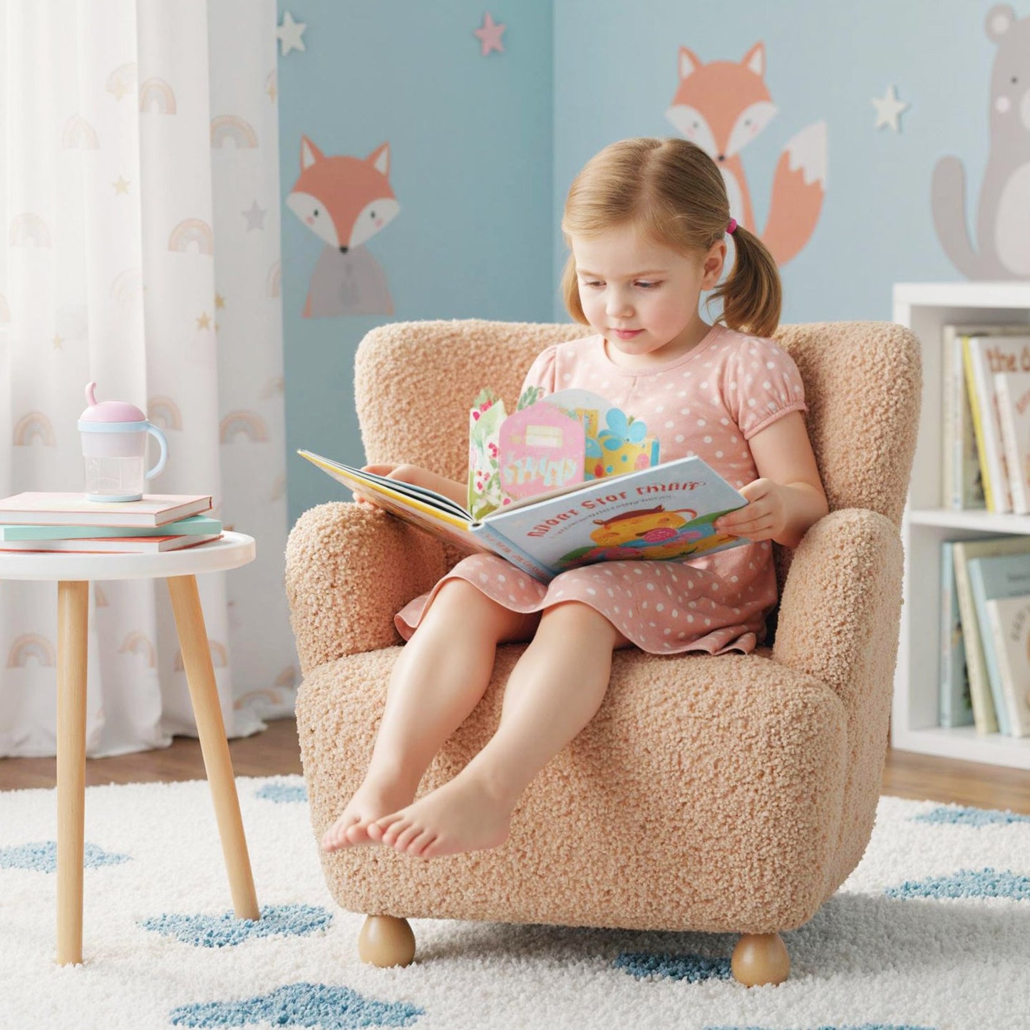 Sherpa Kids Sofa Comfy Toddler Armchair with Solid Rubber Wood Legs-Pink
