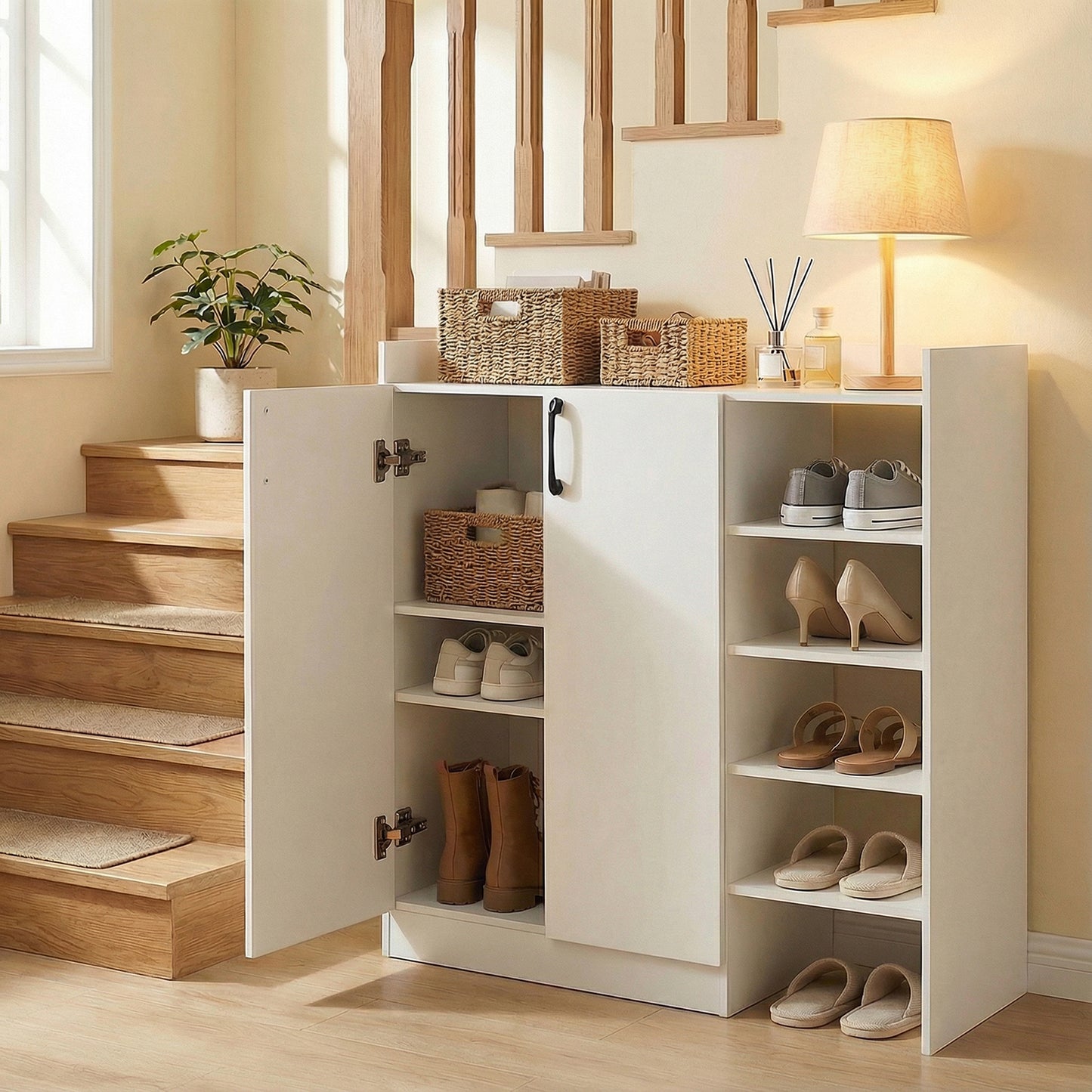 Shoe Cabinet with 2 Doors Shoe Storage Organizer with 2 Adjustable Inner Shelves-White